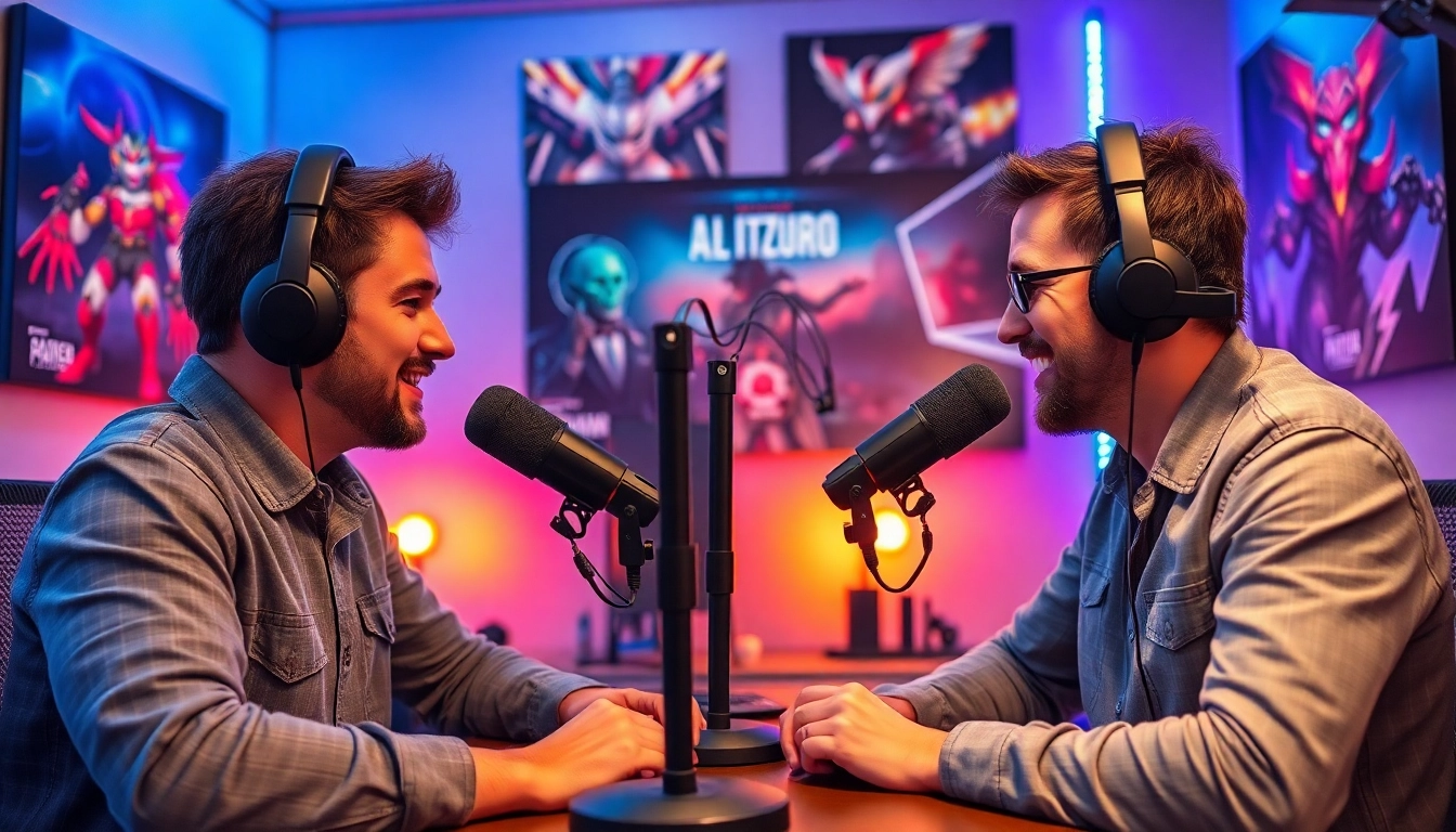 Hosts engaging in a lively discussion on a Gaming Podcast set, surrounded by gaming decor.