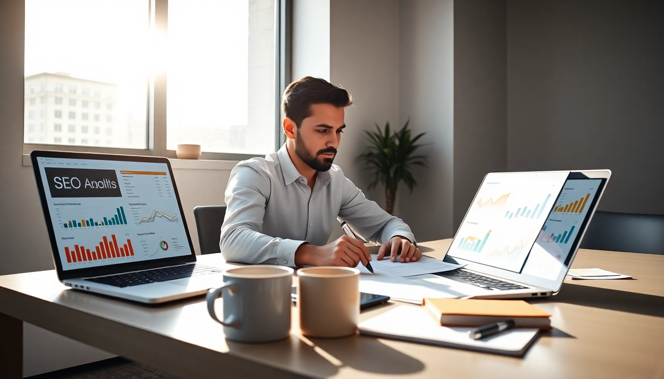 SEO Tipps für effektives digitales Marketing mit analytischen Grafiken und einem Marketer am Schreibtisch.