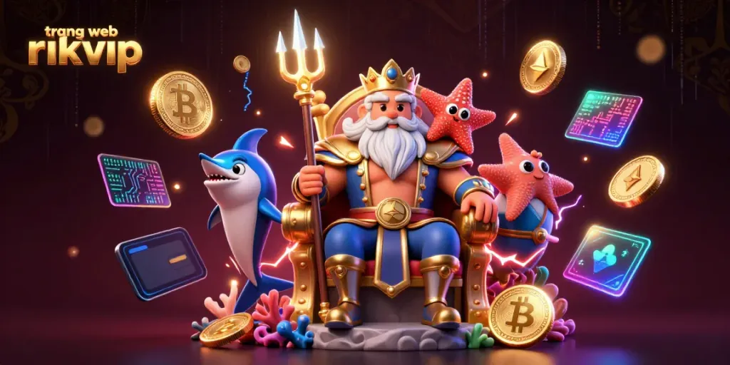 Engage with the vibrant world of trang web rikvip, featuring Neptune and dynamic crypto symbols.