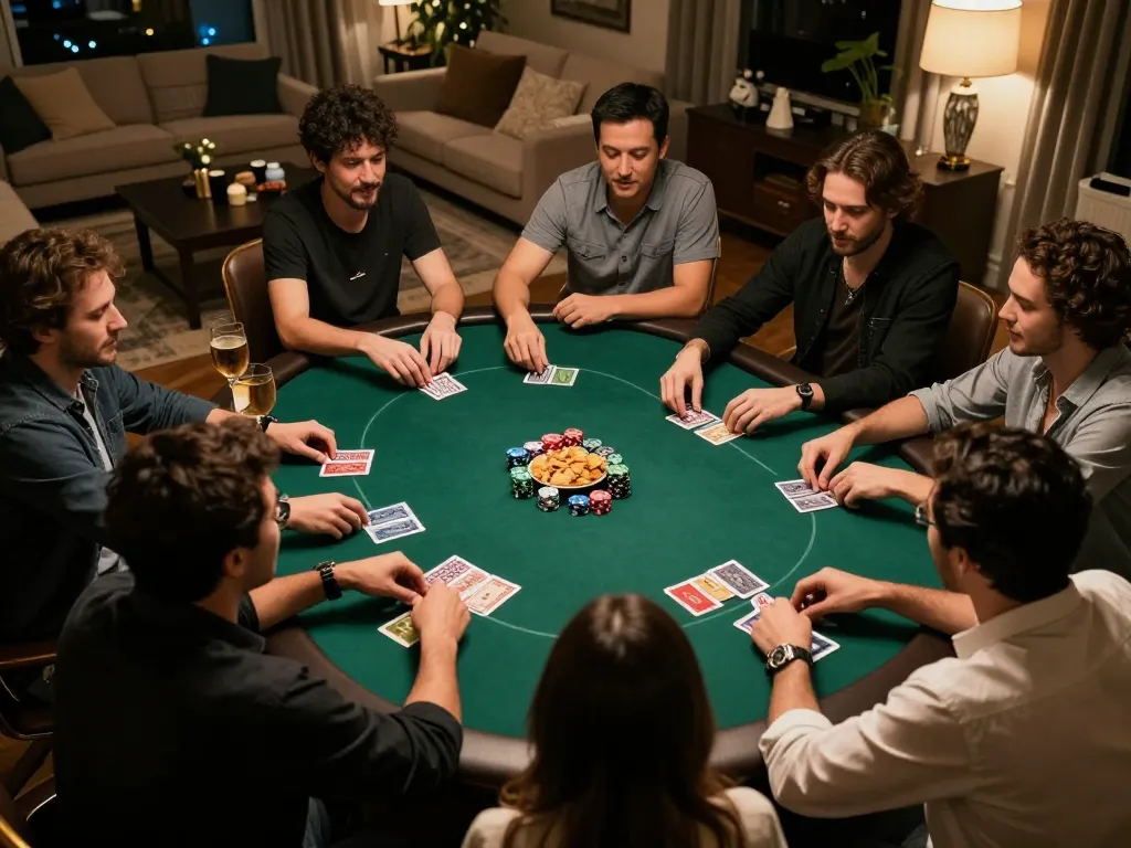 PH22 poker night at home with friends, vibrant chips and cards enhance the fun atmosphere