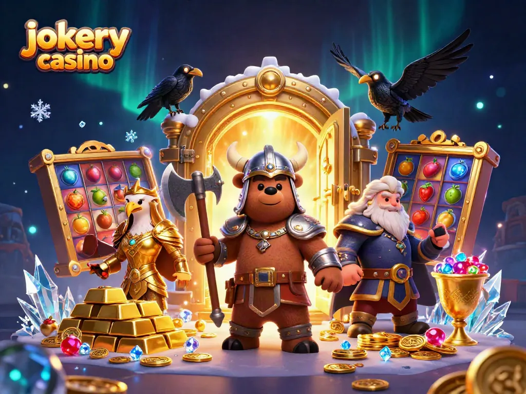 Experience thrilling gameplay at jokery casino with a 3D Viking fox and eagle illustration.