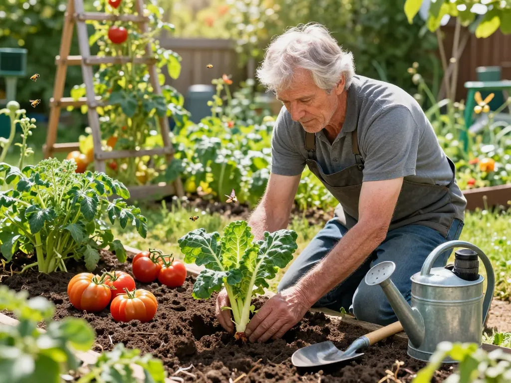 Gardener planting lauchpflanzen in a vibrant garden filled with herbs and vegetables.