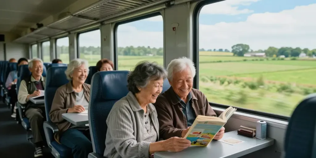 Senioren genießen Zugtickets für Senioren auf einer malerischen Bahnfahrt durch die Landschaft.