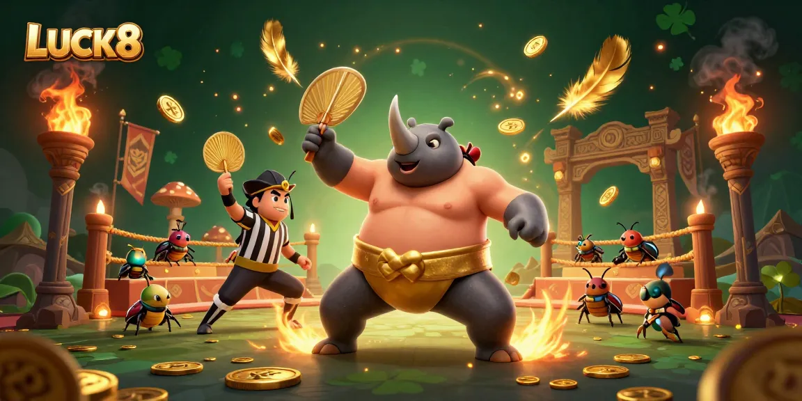 Experience the excitement of LUCK8 as the sumo champion beetle stomps to shower gold coins in a vibrant casino scene.