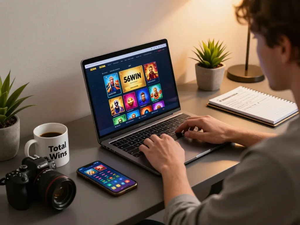 Player engaging with 56WIN online casino on a laptop while jotting down winning strategies in a cozy home setting.