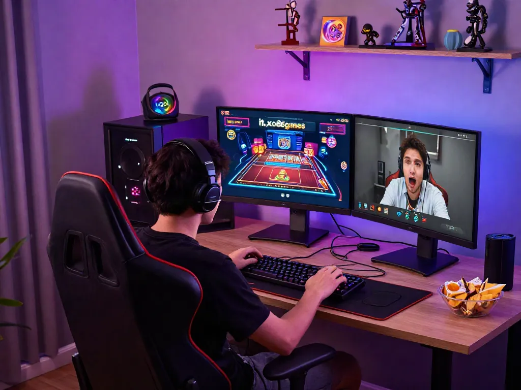 Engaged player enjoying games from https://xo88.games/ in a vibrant gaming setup with LED lights.