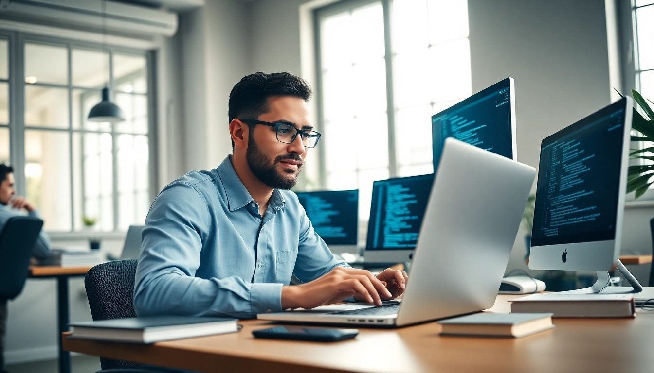 Shopware Entwickler arbeitet konzentriert an einem modernen Laptop in einem eleganten Büro.