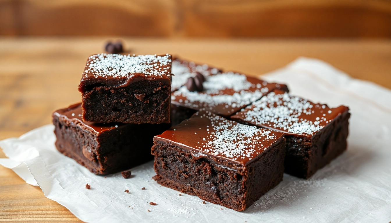 Leckere Daga Brownies mit glänzendem Finish auf einem rustikalen Holzbrett servieren.