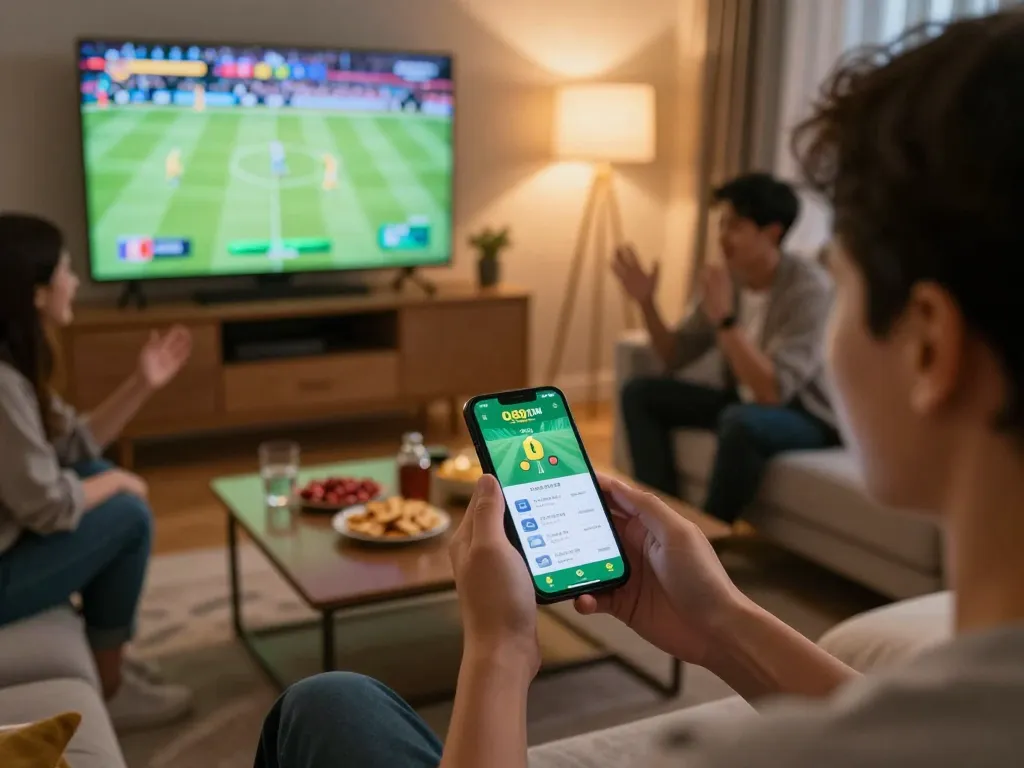Engaging with the QQ88 COM sports betting app during an exciting game night in a cozy living room.