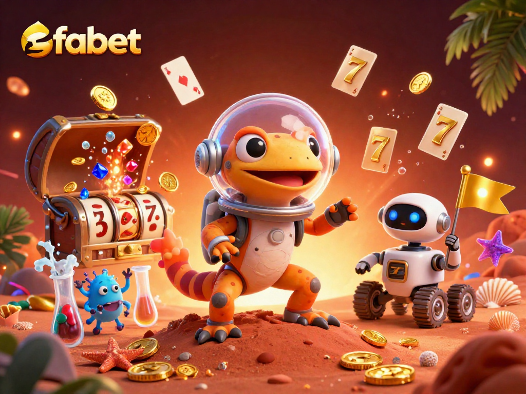 Experience the excitement of fabet with a 3D cartoon Martian gecko discovering a golden casino, surrounded by colorful treasures.
