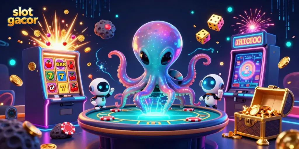Experience thrilling slot gacor action with vibrant visuals and dynamic game elements in this engaging illustration.