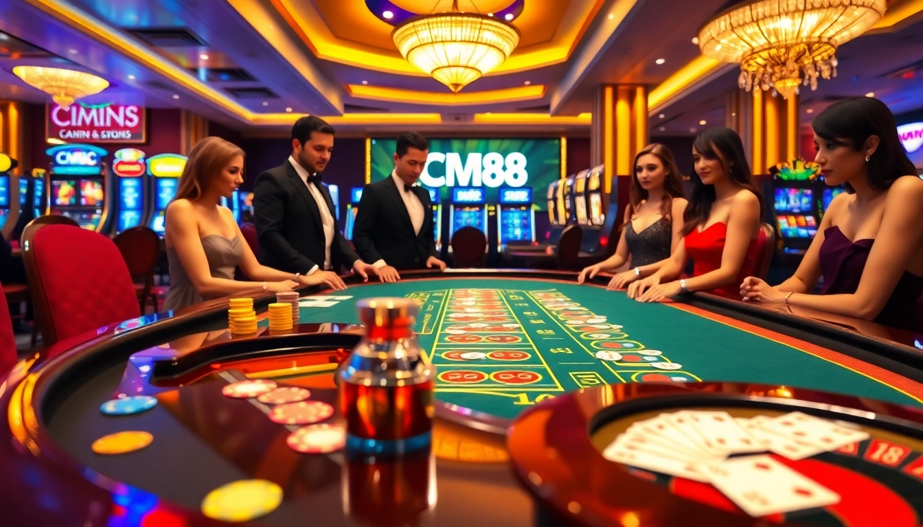 Experience the excitement of CM88 nhà cái at a luxurious blackjack table filled with colorful chips and playing cards.