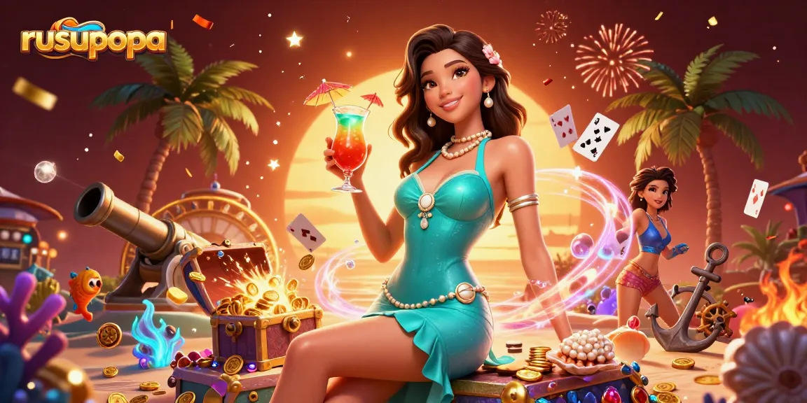 Engage with rusupopa at a vibrant casino resort scene featuring a glamorous woman with a tropical cocktail.