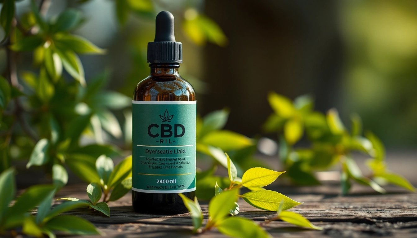 cbd öl in einer eleganten Flasche, umgeben von frischen Hanfblättern auf einem Holzuntergrund