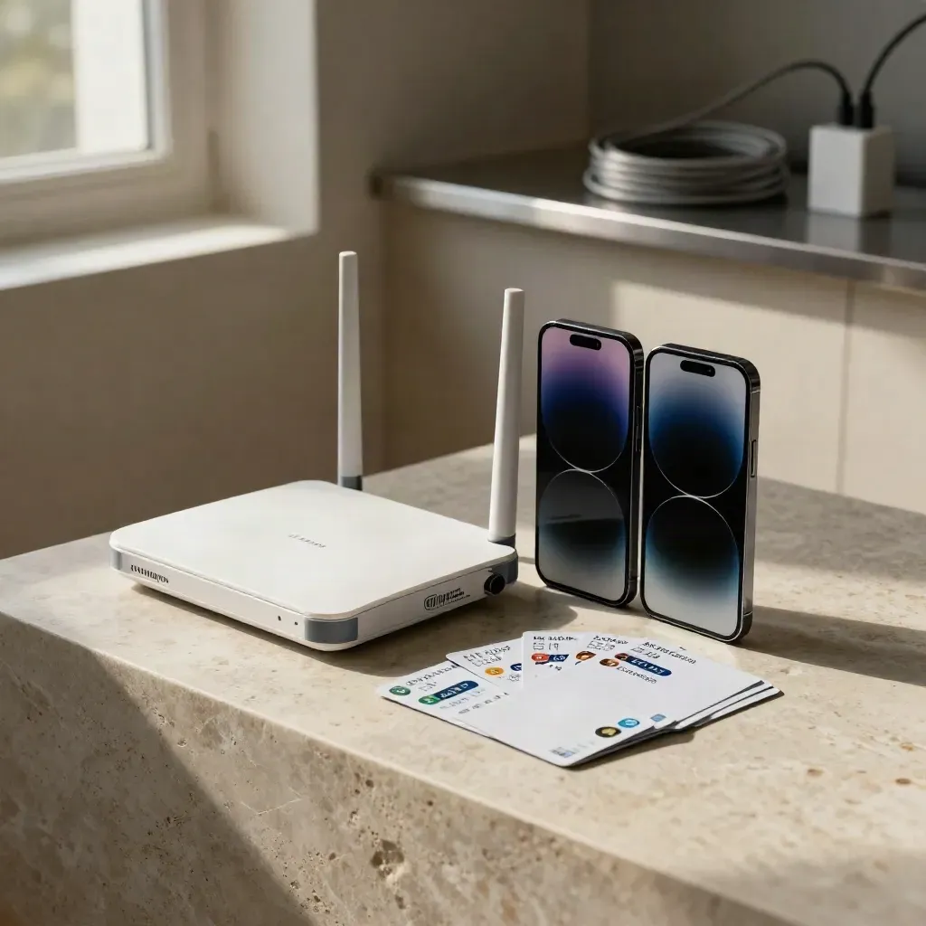 Vier SIM-Hüllen, Router und zwei Smartphones auf hellem Stein, stilvoll und technisch sortiert.