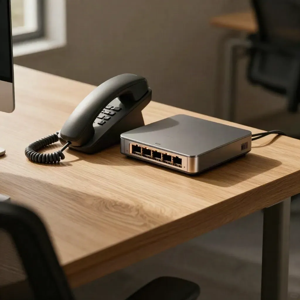 Telefonanlage mit Hörerstation, Gateway und Patchkabel auf hellem Eichenholz