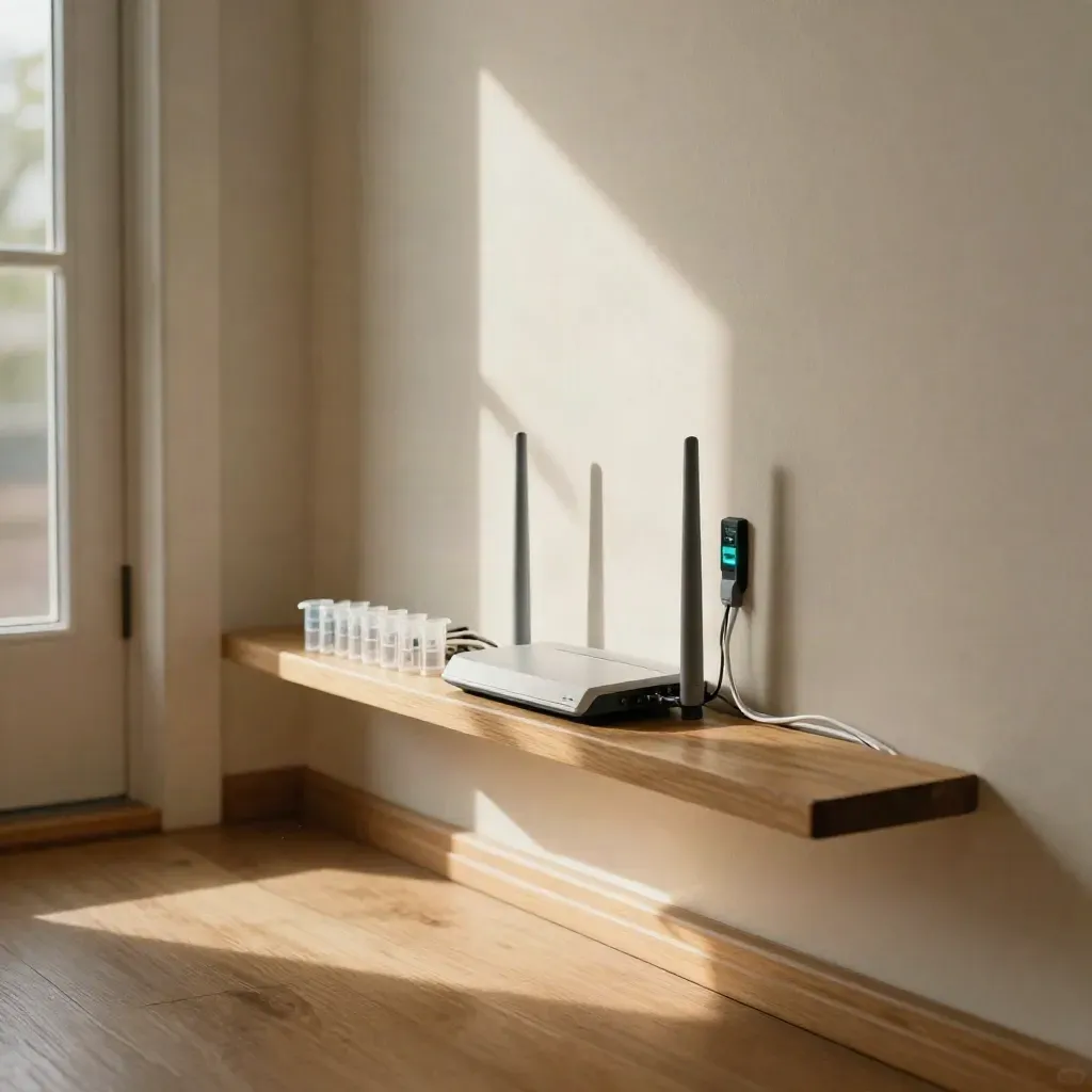 Glasfaseranschluss mit Router und Spleißschutz an heller Putzwand im Eingangsbereich