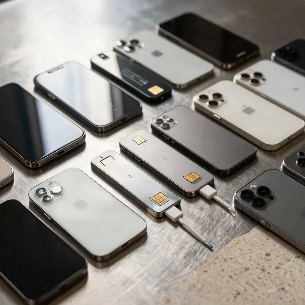 Zwölf Smartphones und SIM-Trays auf einer metallischen Ladeablage von oben.
