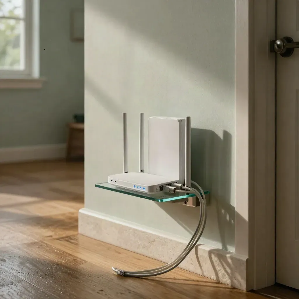 Glasfaser-Router und VoIP-Basis im modernen Flur, von Bodenhöhe dramatisch beleuchtet.