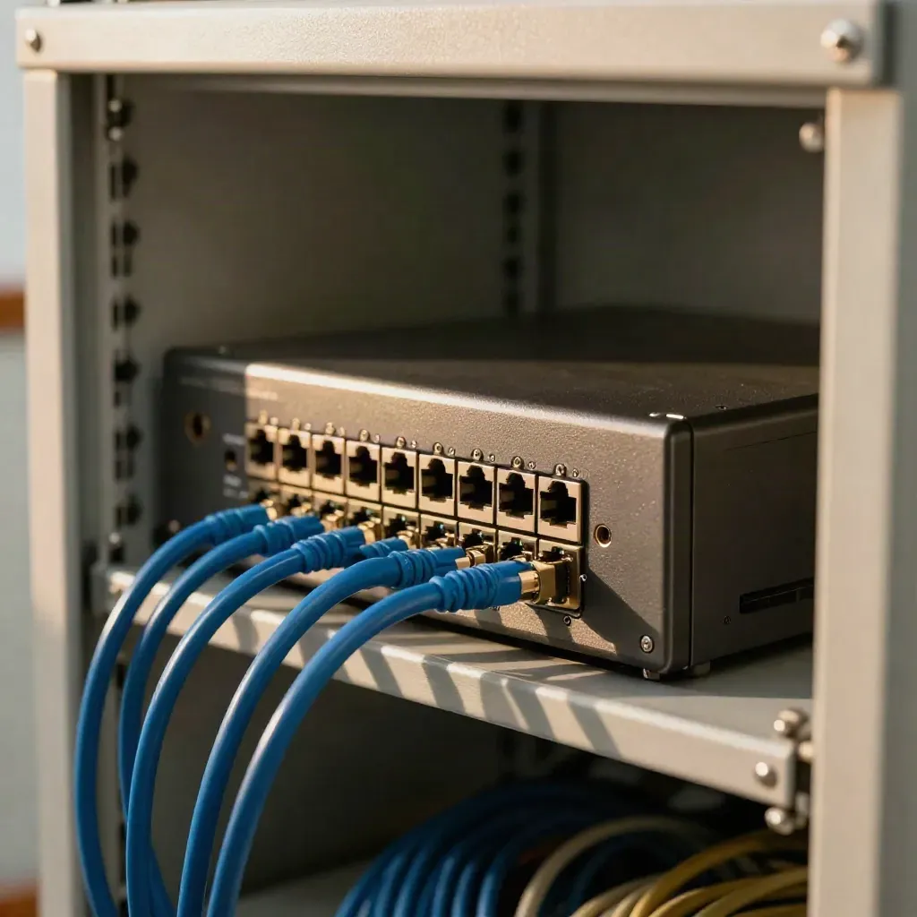 Offener Technikschrank mit Rack-Gateway, Patchkabeln und geordneten Leitungsmodulen