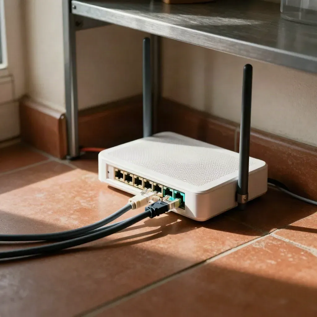 Router, Mesh-Node und Switch in einer ruhigen Hauswirtschaftsecke mit ordentlichen LAN-Kabeln.