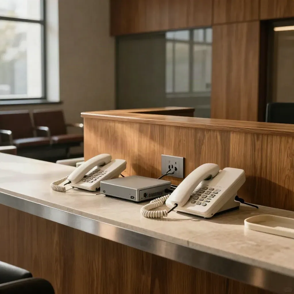 VoIP-Telefonanlage in einer Kanzlei-Rezeption mit Geräten, Kabeln und warmem Fensterlicht.