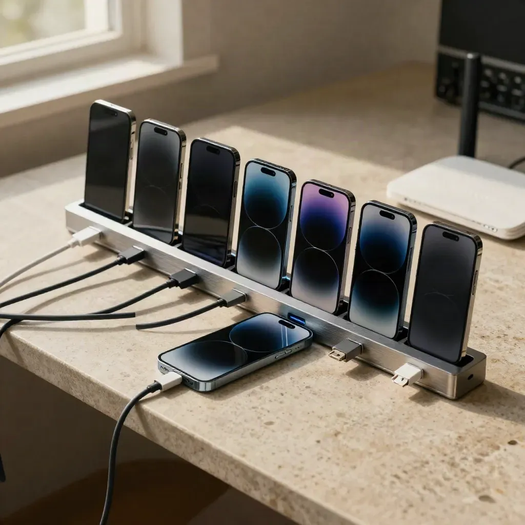 Zwölf Smartphones laden geordnet auf einer SIM-Leiste in kühlem Morgenlicht.