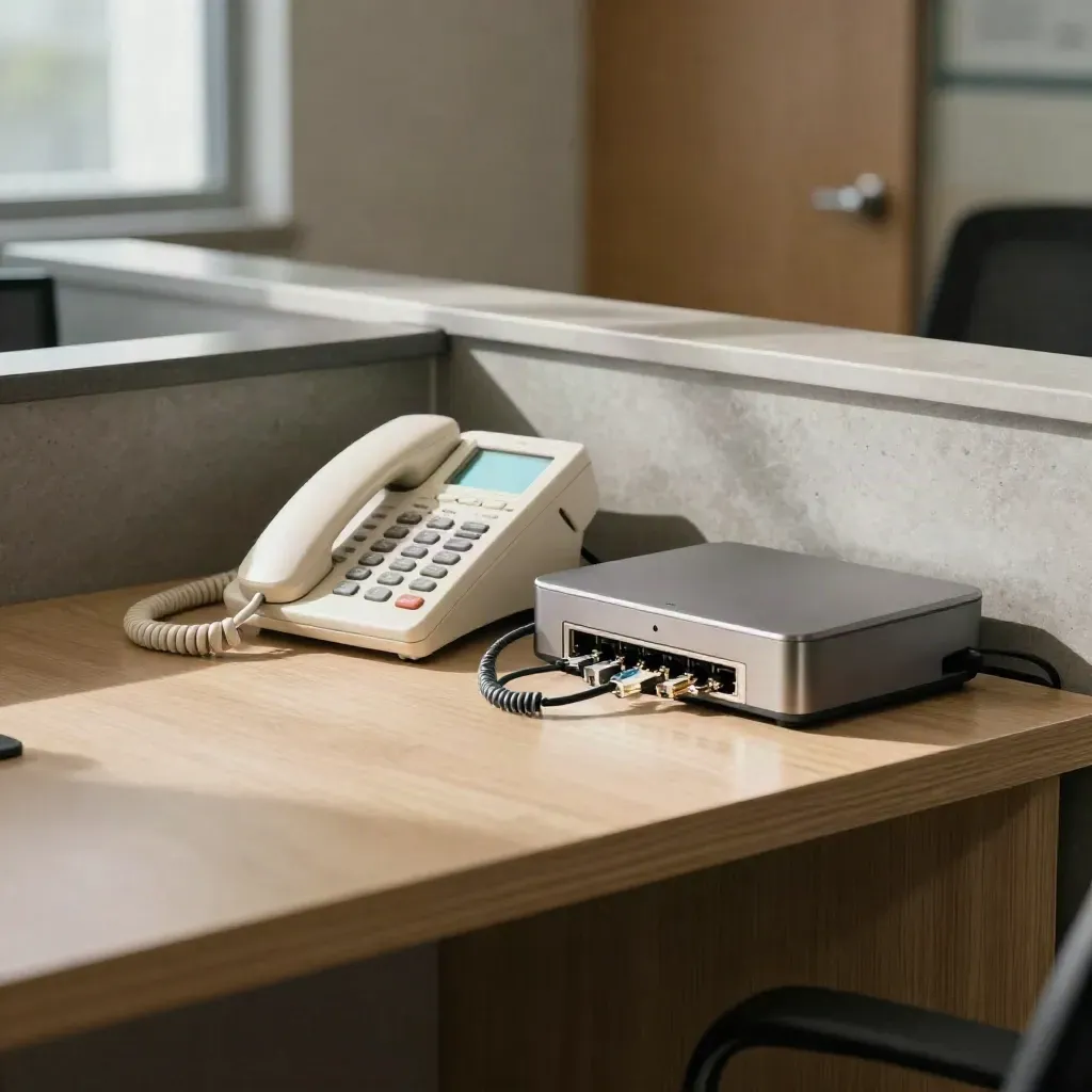 Praxis-Fronttisch mit getrenntem Telefon, Notfallhörer und Gateway im klaren Licht.