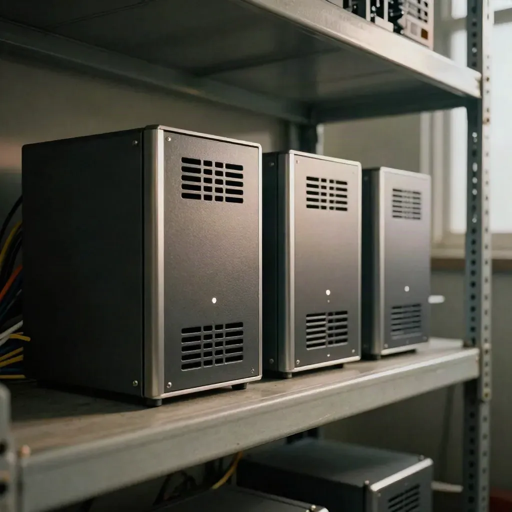 Vier verbundene Gateway-Module auf einem Regal im dunklen Netzwerkrack, mit kühlem Licht.