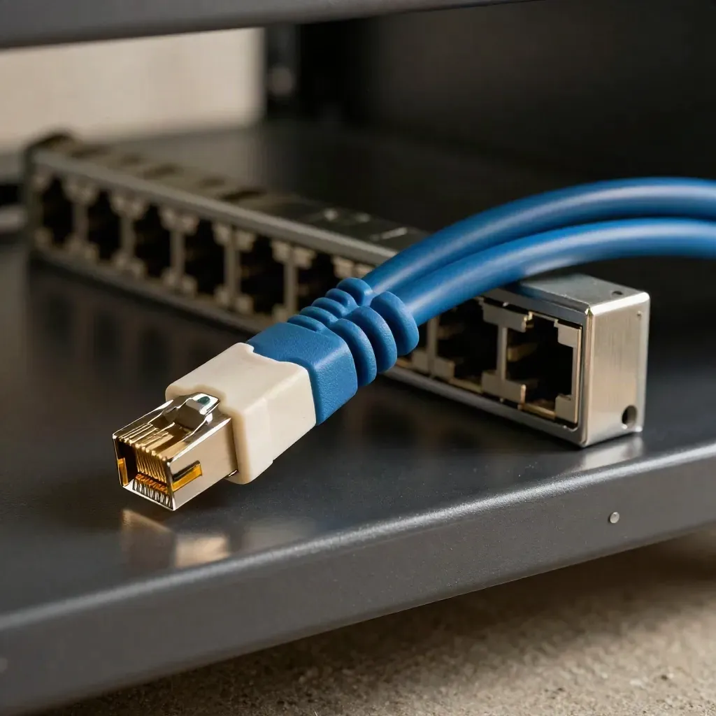 RJ45-Stecker, Kabelkamm und Patchpanel auf gebürstetem Metall im dramatischen Licht