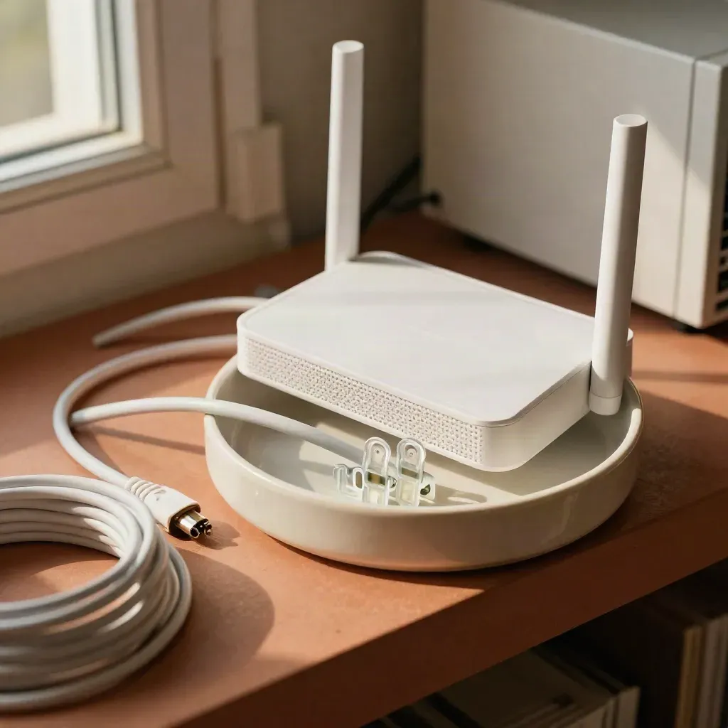 Router, Mesh-Node, Patchkabel und Kabelclips auf einer Keramikschale im warmen Licht.