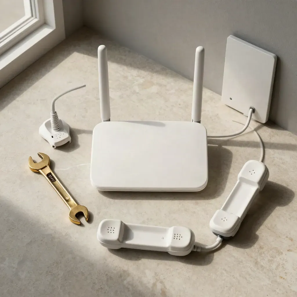 Von oben: Router, Glasfaser-Wandplatte, drei Hörer-Docks und ein Messingschlüssel auf hellem Stein.