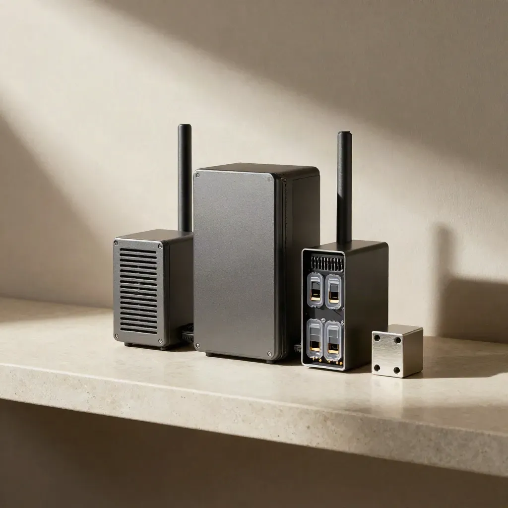Drei Router-Module, zwei SIM-Hüllen und ein Adapterblock auf heller Steinschale.