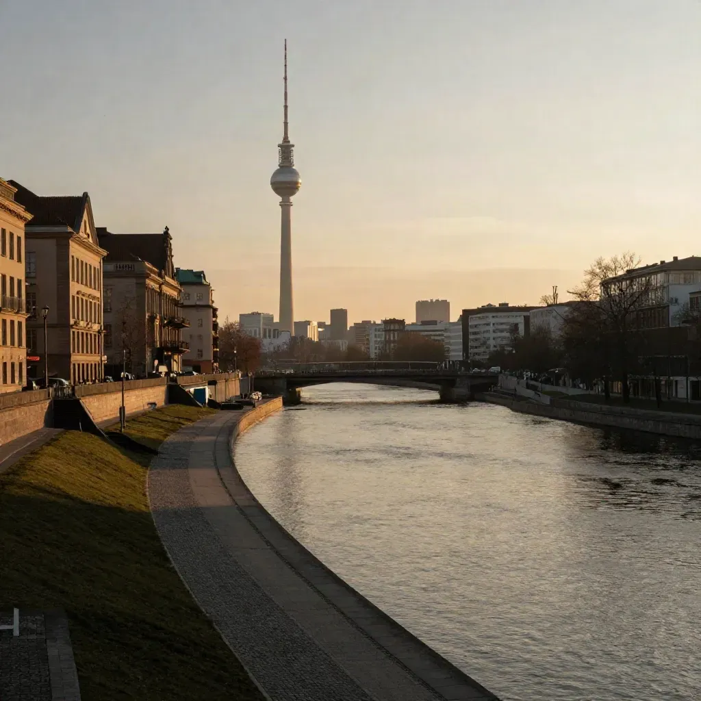 Berliner Skyline mit Fernsehturm über der Spree im goldenen Dunst