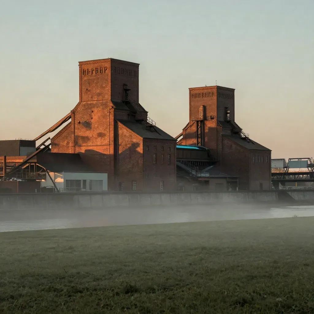 Rheinland-Ruhr-Panorama mit Backstein, Stahl und Nebel im Abendlicht