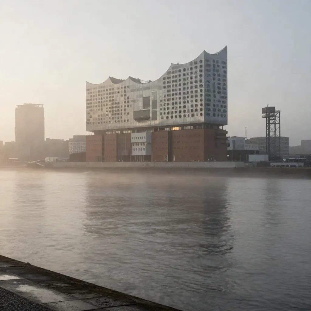 Elbphilharmonie im Morgennebel über ruhiger Elbe und Kaimauern, weit und atmosphärisch.