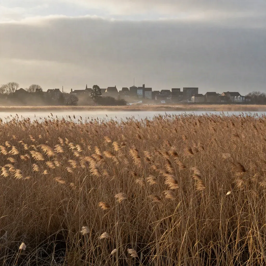Weite Marsch mit Mist, tiefen Wolken und fernem Stadtrand von Hannover.