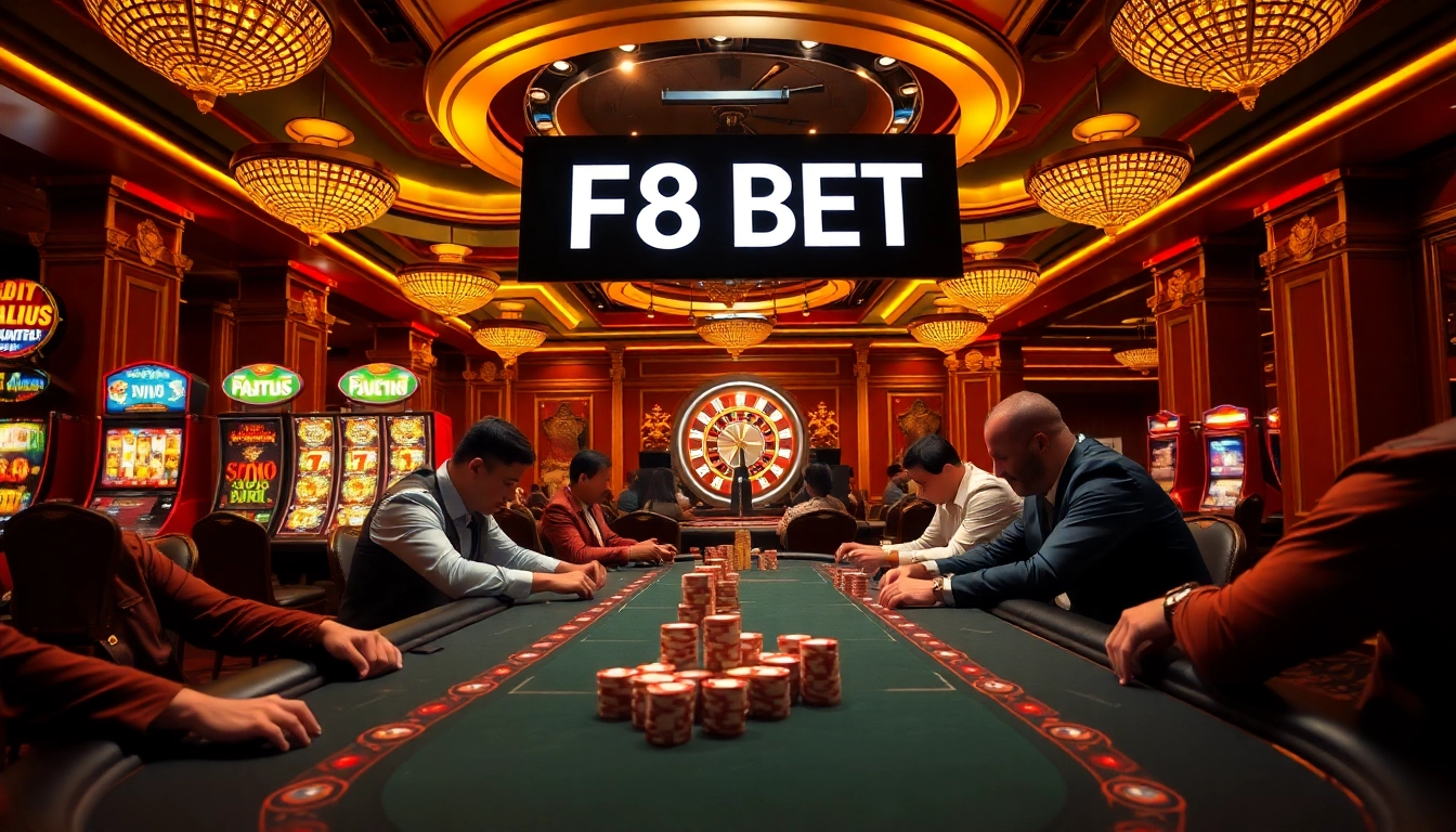 High-stakes poker action at F8 BET's luxurious casino table, showcasing excitement and professionalism.