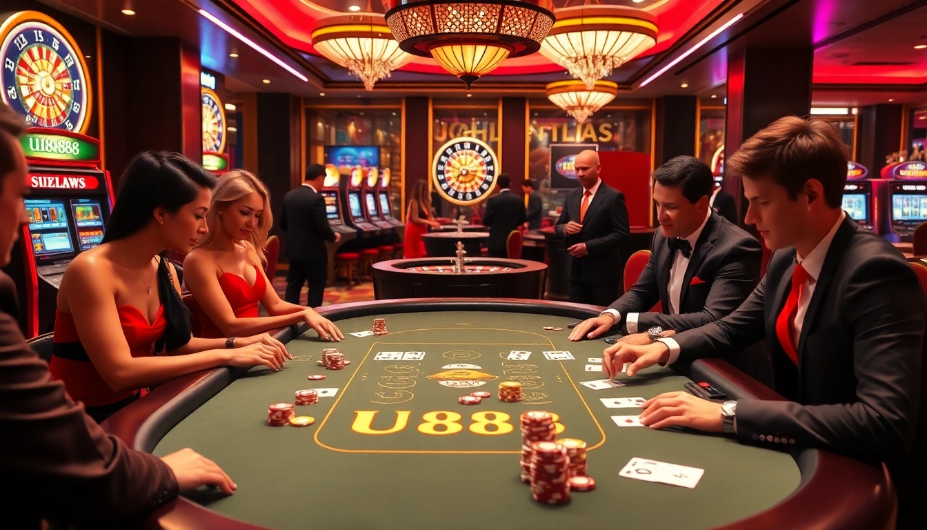 U888 players engaging at a high-stakes poker table in a luxury casino.