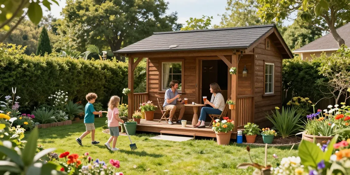 Gartenhaus aus Holz in einem einladenden Garten mit bunten Blumen und einer Familie, die die Sonne genießt.