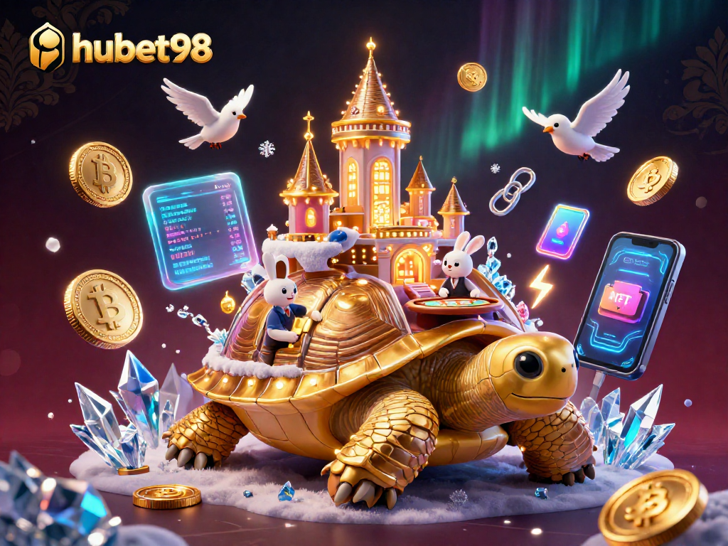 Experience the vibrant world of hubet98 with a golden tortoise casino illustration filled with gambling excitement.