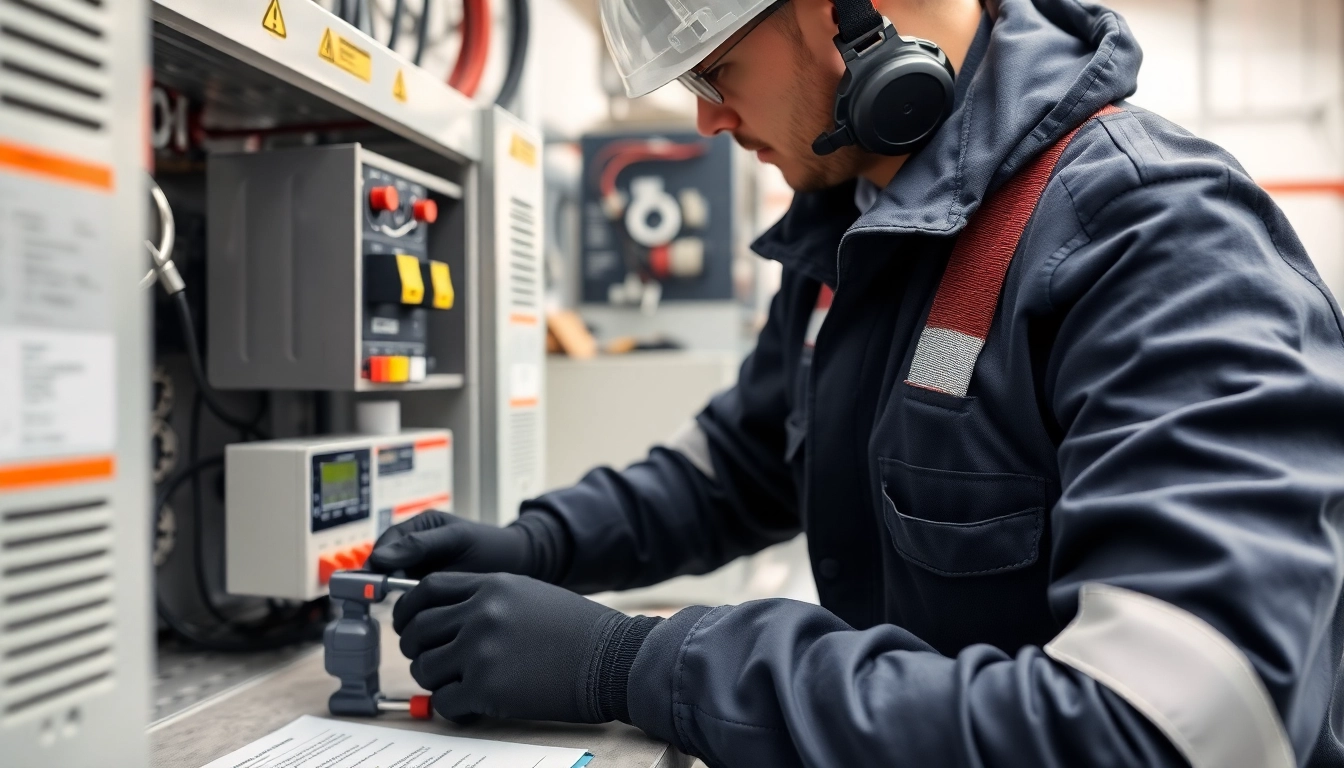Technician performing a DGUV V3 Prüfung on electrical equipment, ensuring workplace safety and compliance.