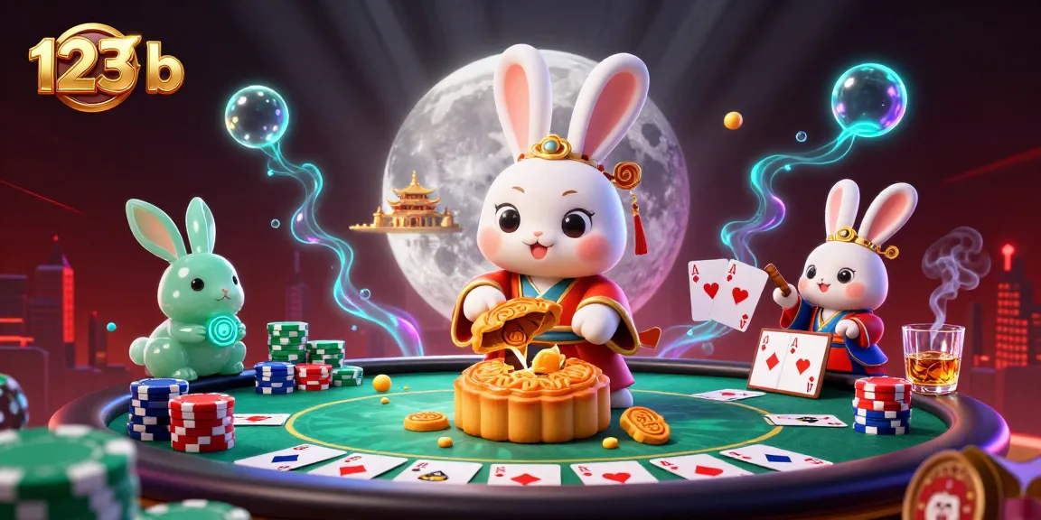 Join the excitement at 123 b, featuring a moon rabbit and poker chips illuminated under the moonlit sky.