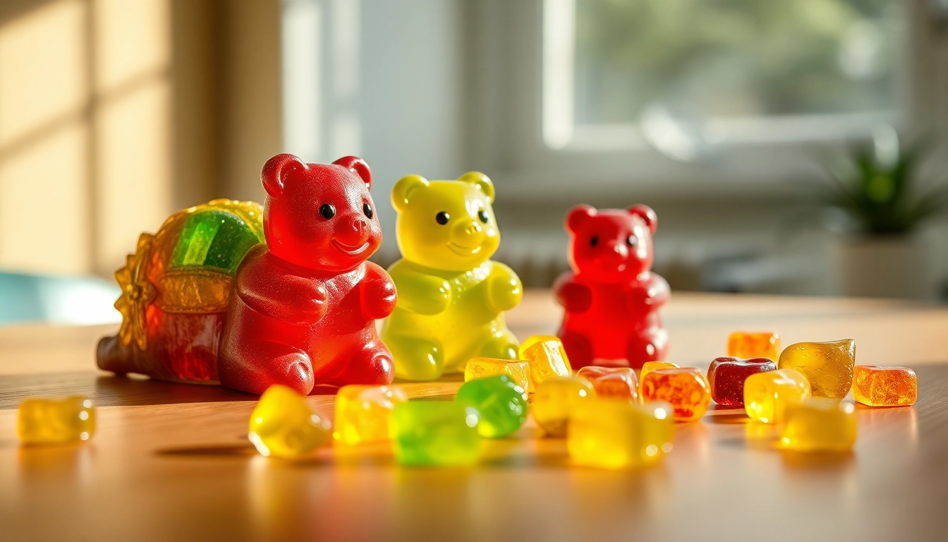 Leckere THC Gummies in verschiedenen Farben, die auf einem hellen Tisch präsentiert werden
