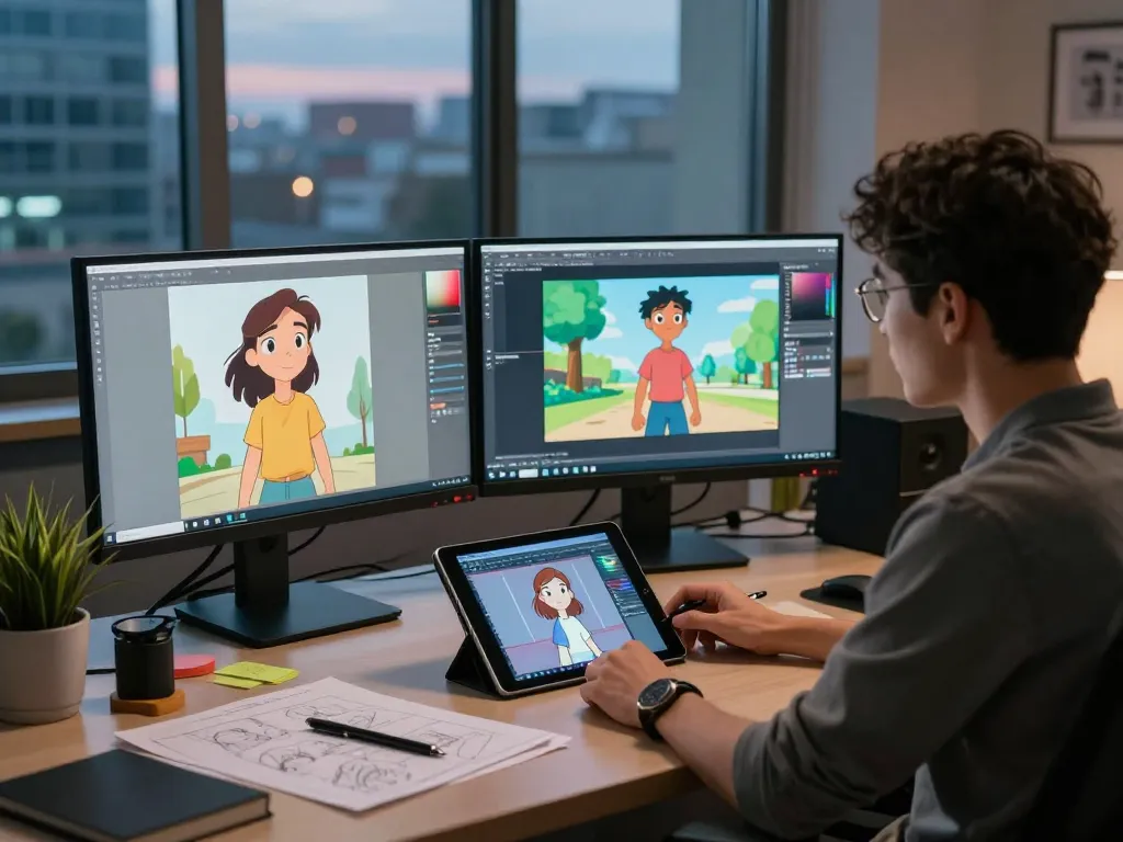 Animator using motion control technology to create fluid animations from static images in a modern studio setting.