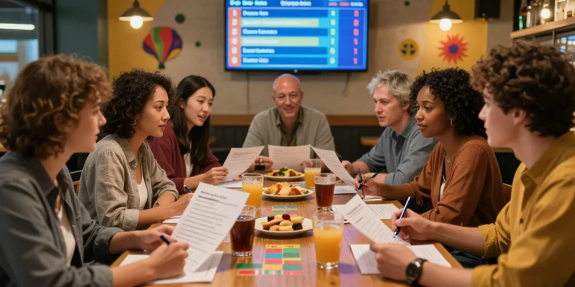 Gruppenteilnehmer bei einem Quiz Allgemeinwissen in einem gemütlichen Café, Teilnehmer diskutieren Antworten und haben Quizblätter vor sich.