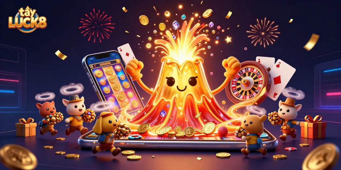 Experience thrilling gaming excitement at tại LUCK8 with a vibrant digital casino scene filled with treasures.