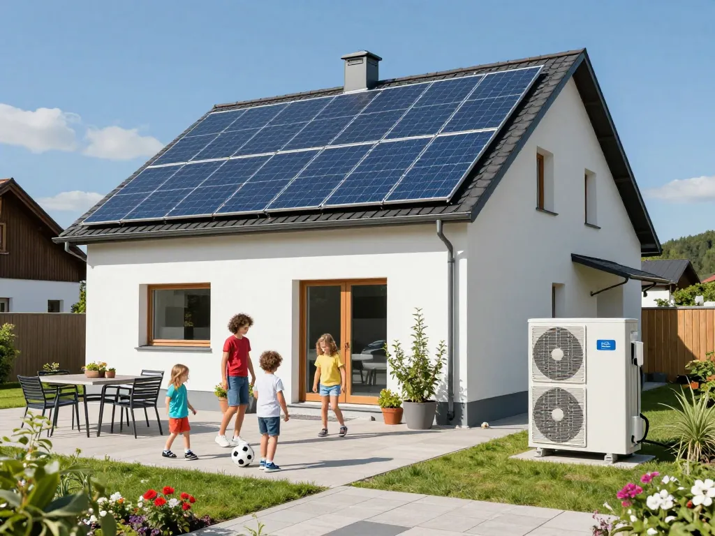 Photovoltaik Bayern - Familie genießt ein nachhaltiges Zuhause mit Solarpanels und Wärmepumpe in Bayern.