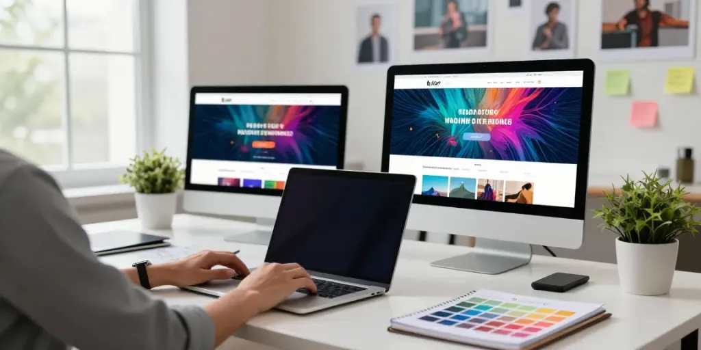 Professioneller Webdesigner bei der Arbeit an kreativem Webdesign Saarland mit inspirierenden Materialien.