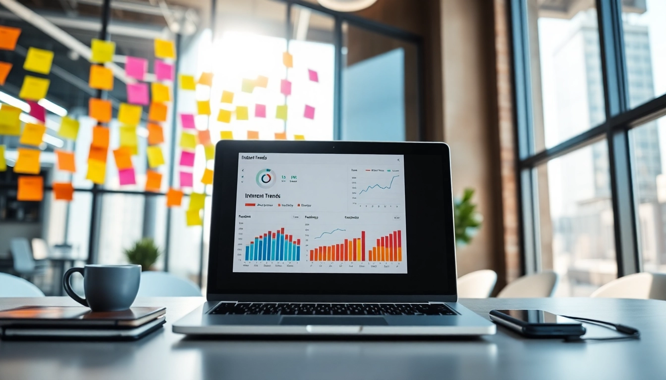 Analyse der Internet Trends in einem modernen Büroumfeld mit Datenvisualisierungen.